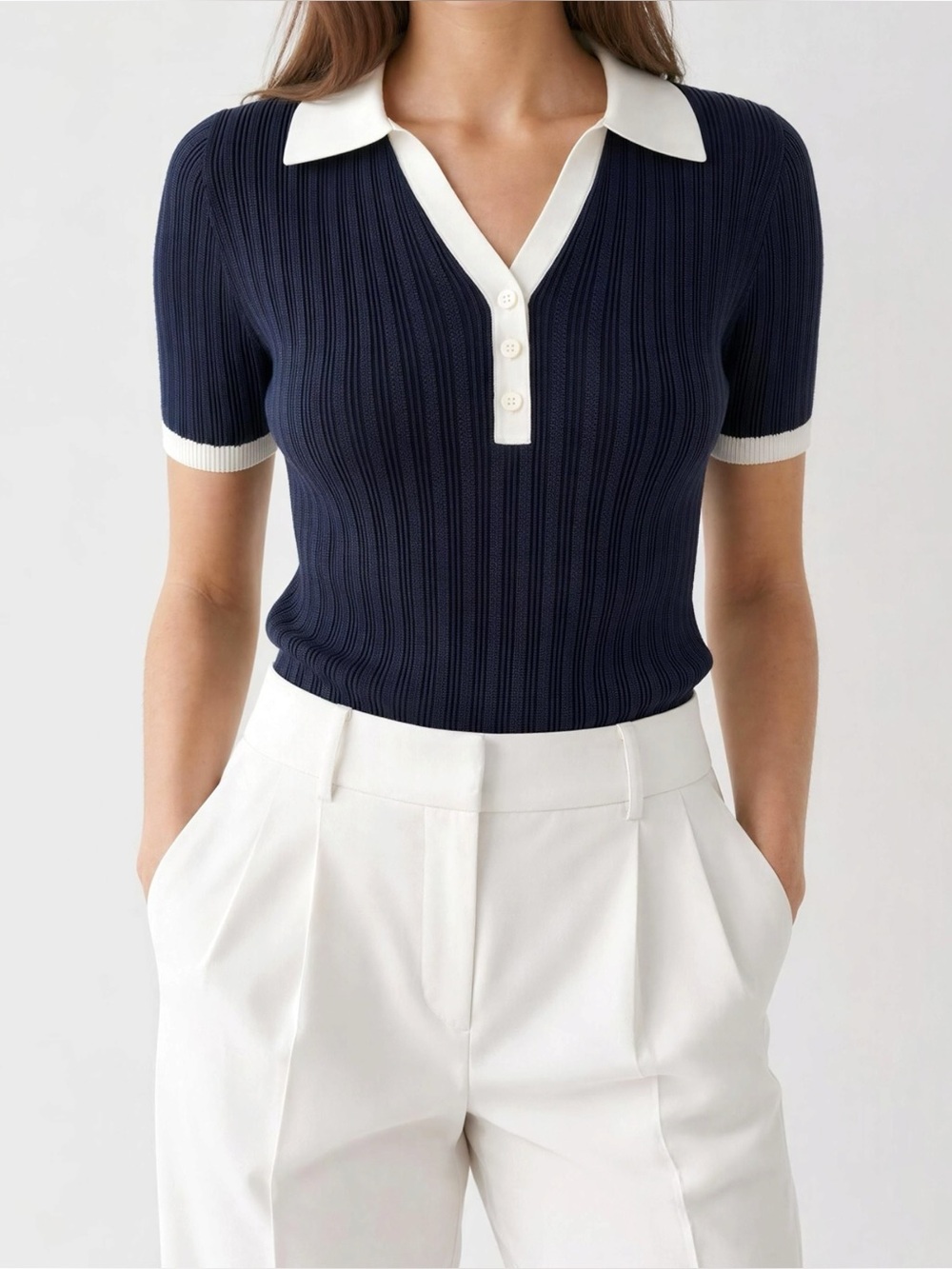 LILYSILK V Neck Ribbed Silk Knit Polo Shirt, Navy Blue, Small